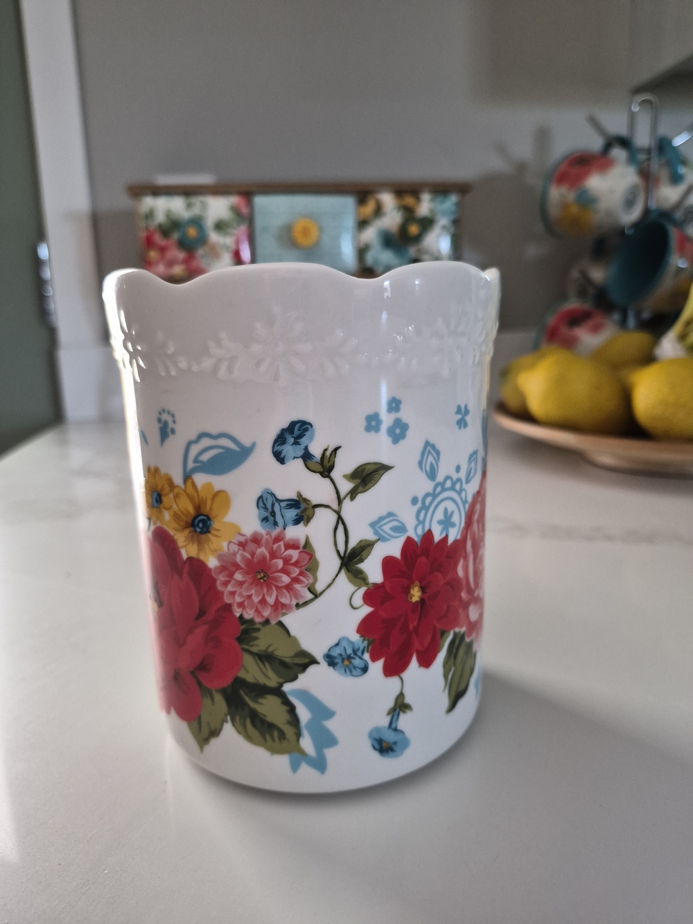 Rare Pioneer Woman Floral Ceramic Scalloped Vase Utensil Holder OS